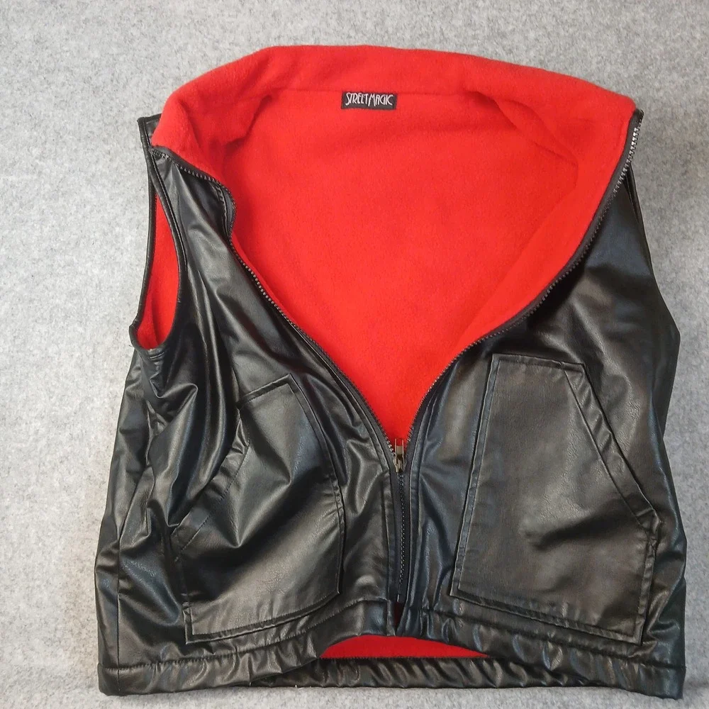 Street Magic Faux‎ Leather Vest Mens Large Black Red Fleece Lined Biker Full Zip